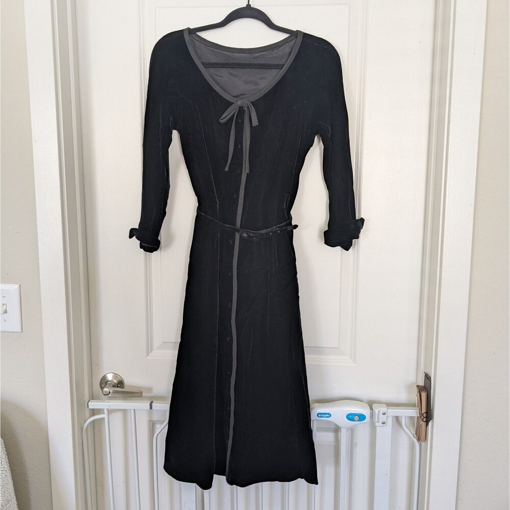 Vintage Black Velvet Midi Dress XS S Gray Trim Bow Belted 40s 50s Style